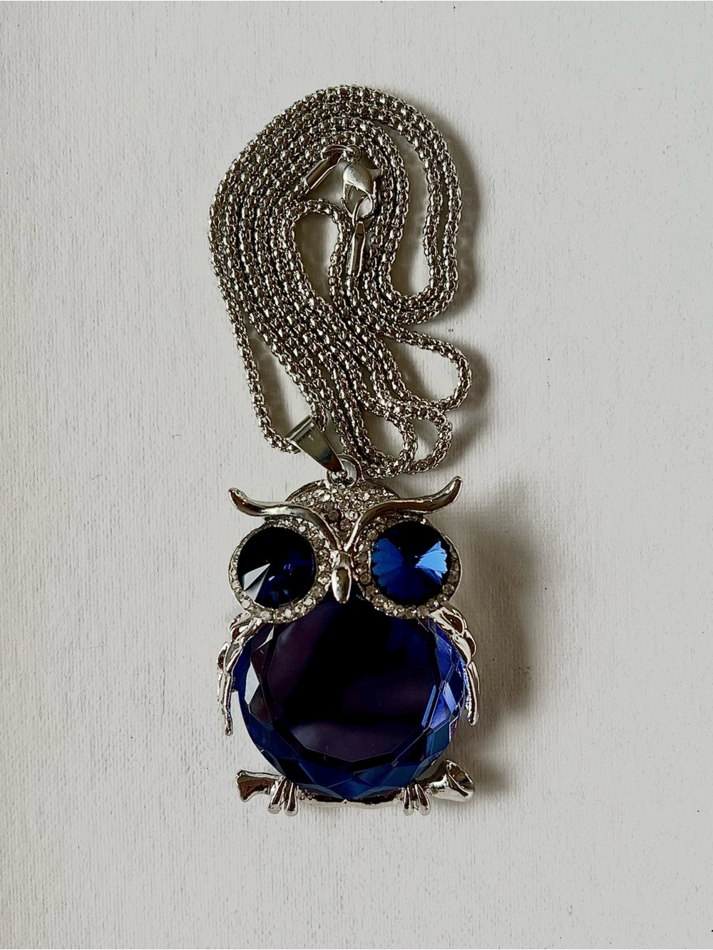 Silver Owl Pendant Necklace with Deep Blue Crystals